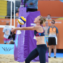 Beach Volleyball - Commonwealth Games Day 5
SMITHFIELD, BIRMINGHAM, ENGLAND - 2 August 2022.  Daisy Mumby & Jess Grimson (ENG) in action against Mel Coutts & Lynne Beattie (SCO) in the Women’s Beach Volleyball Pool C Match on Day 5 of the Birmingham Commonwealth Games.  (Photo by Lynne Marshall | www.volleyballphotos.co.uk)